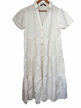 Zara White Tiered Button-Front Midi Dress